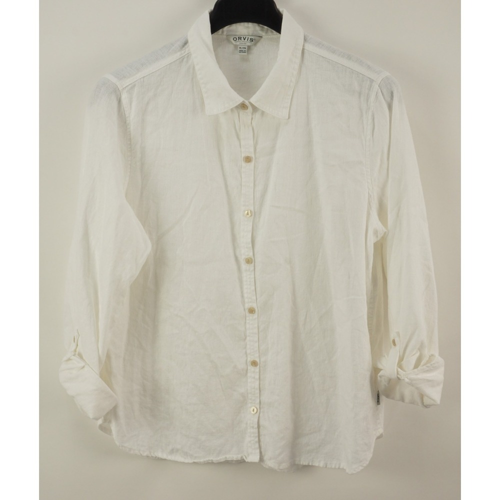 Orvis Linen Blend Women's XL Roll Tab Sleeve Bright White Woven Button Up Shirt‎